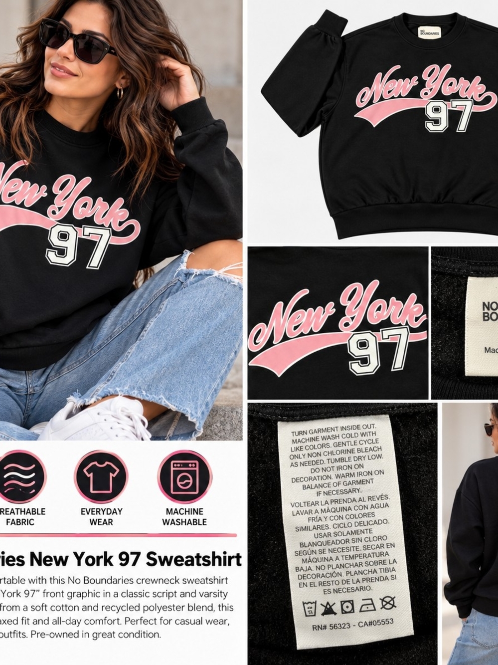 No Boundaries Black Crewneck Sweatshirt with Pink "New York" Script and White 97